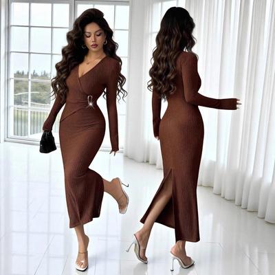 Cross Neck Knit Texture Solid Color Slim Fit Flattering Dress Women Winter Mature Style French Retro Patchwork Slim Sexy Elegant Women Maxi Dress