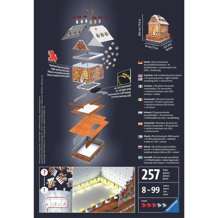 Puzzle 3d maison de noël en pain d'épices - ravensburger - monument 257 pièces - sans colle - change de couleur - dès 8 ans