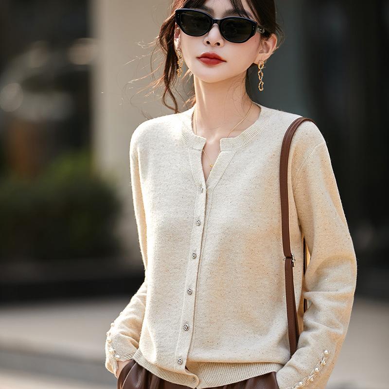 New Beaded Cardigan Women'S Fashion Autumn And Winter Knitted Sweater 100% Wool Loose And Versatile Bottoming Top Cardigan