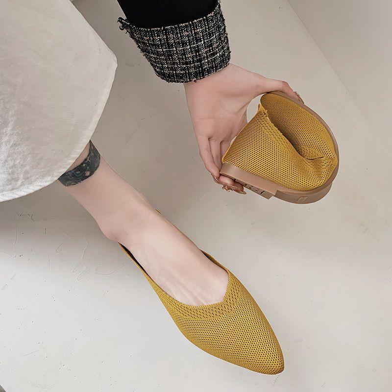 Жіноче взуття Весняно-літнє в'язане односпальне взуття з гострим низом, дихаюче взуття з квасолею, м'яке взуття з неглибоким ротом