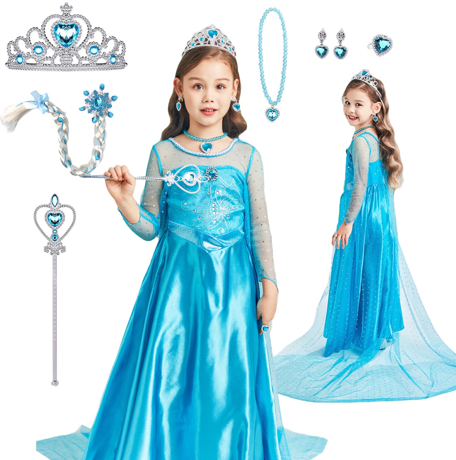 

Qichenk Princess Dress, Cosplay, Kids Costume for Girls, Birthday, Photo Shoot, Celebration, Surprise, Accessories Set, Blue #02 130