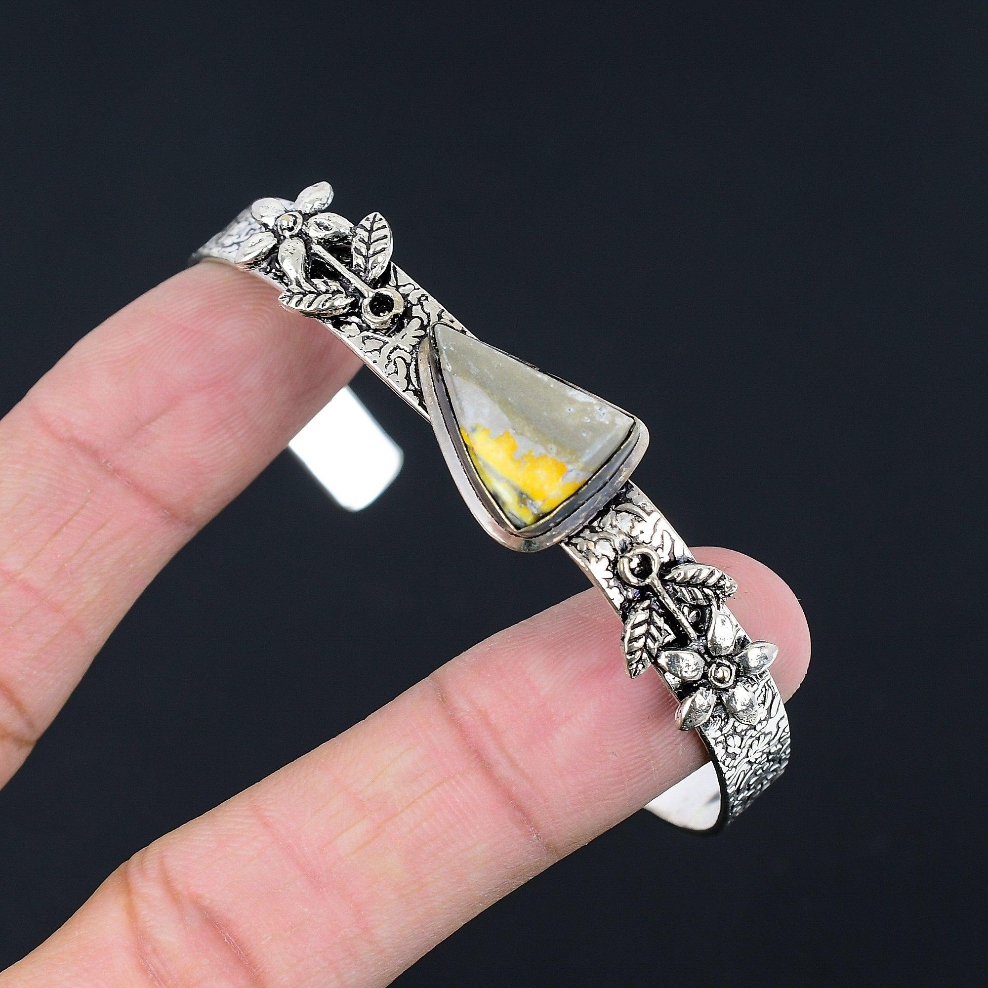 

Natural Bumble Bee Jasper Flower Wedding Mother Bangle Bracelet Sterling Silver Adjustable