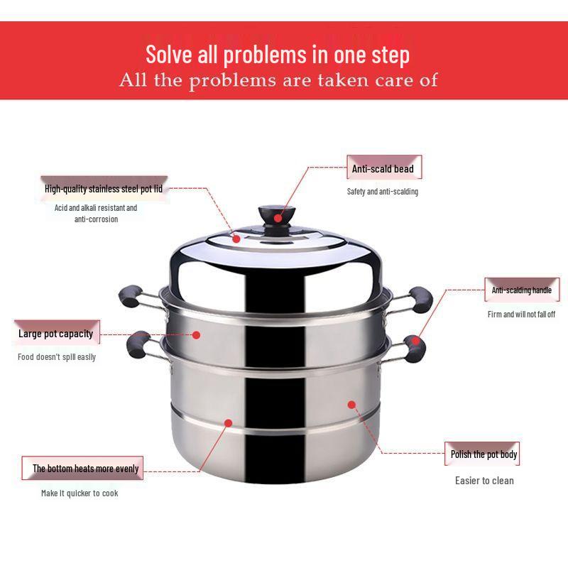 304 Stainless Steel Double Layer Steamer Pot for Induction and Gas Cookers