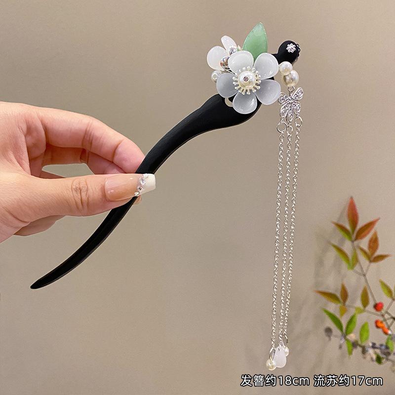 Flower Tassel Hairpin For Women Vintage Wooden Floral Hair Stick Elegant Hanfu Hair Accessories 18cm Updo Meatball Head Hairpins