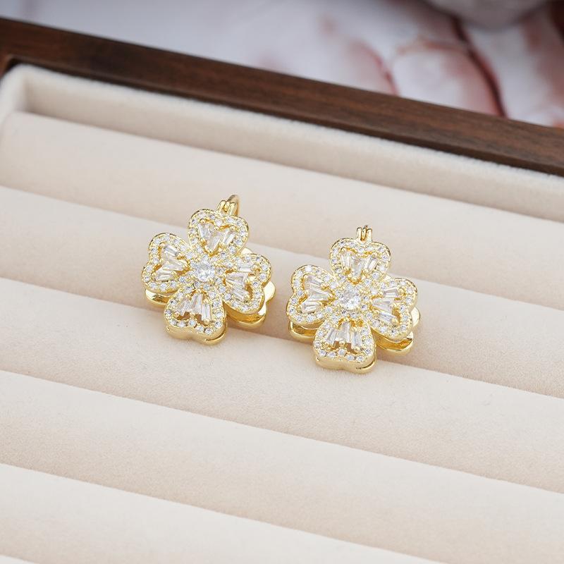 

Двухсторонние серьги с четырьмя листочками клевера и полным бриллиантом из циркония, легкие, роскошные, высококачественные серьги, модные, темпераментные, брендовые, застежки для ушей 18K золотой
