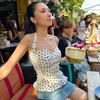 Polka-dot Print Bust-pleated Halter-neck Tie-back Top Casual Socialite-style Sensual Princess-style Waist-cinched Top