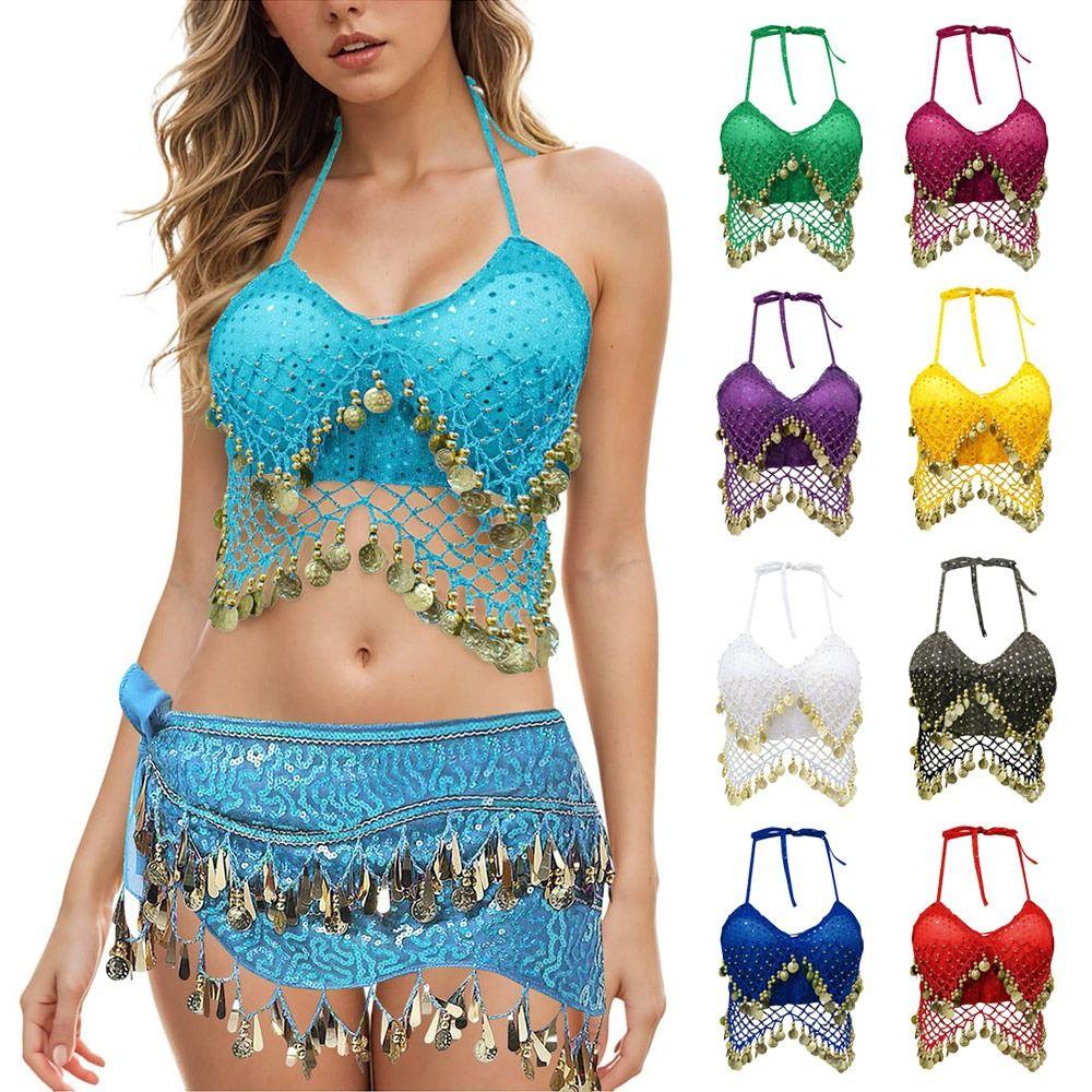 Shiny Latin Dance Top Halter Neck Stage Performance Top Sequins Crop Top  For Thailand/India/Arab