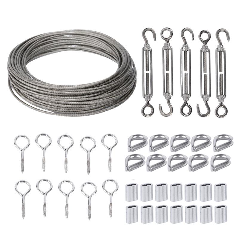 Stainless Steel Outdoor Wire Rope Kit with Carabiner Hook & Tensioner for String Lights and Clothesline.