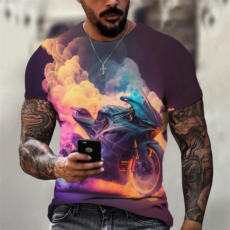 Men's Motorcycle Pattern T-shirt 3D Printed Round Neck T-shirt Casual Loose Men Quick Drying Breathable Comfortable