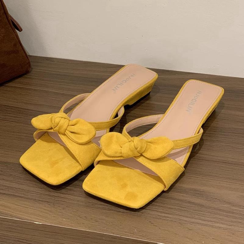 Fashion SUOJIALUN 2025 Summer New Women Slipper Fashion Bow-knot Slip On Slides Shoes Square Low Heel Outdoor Dress Sandal Shoes