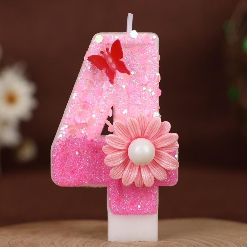 Sequin Pink Flower Butterfly Numbers Birthday Candle Cake Party Decoration One Year Old Handmade Candles 0-9