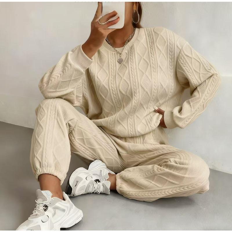 VEZFAA Women's Fashion Casual Spring Autumn Solid Color Print Long Sleeve O- Neck Trousers Pants Suits