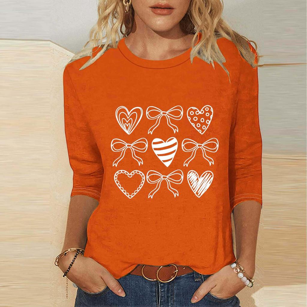 Women's Fashion Casual Three-quarter Sleeve Valentine's Day Printed Round Neck Top