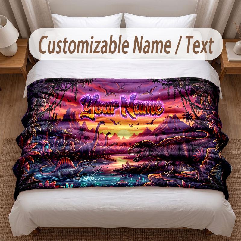 Dinosaur Theme Soft Blanket Personalized Custom Name Text Print Warm Blanket Home Sofa Bedroom Decor