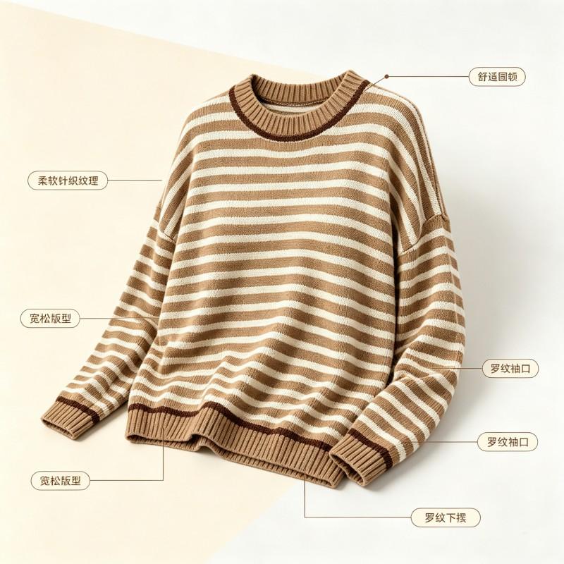 Womens Loose Fit Knit Sweater Long Sleeve Round Neck Striped Casual Pullover