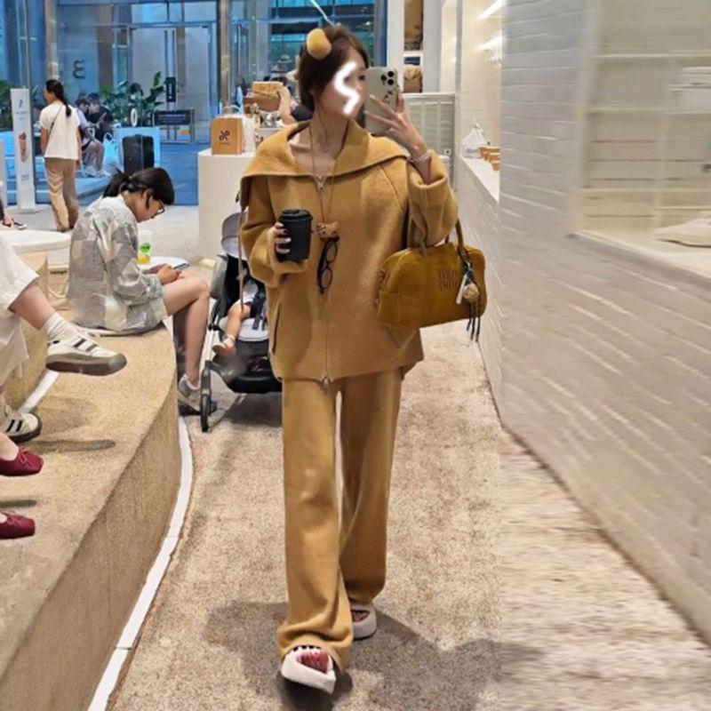 

Soft Knit Turn-Down Collar Cardigan Set: Cozy Sweater Coat & Wide-Leg Pants for Women - Autumn/Winter Style XL (recommended 135-145 jin) гарбуз