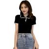 Women Knit Solid Color Top Fashion Turn-down Collar Short Sleeve Button Top T-shirts Woman Casual Slim T Shirt