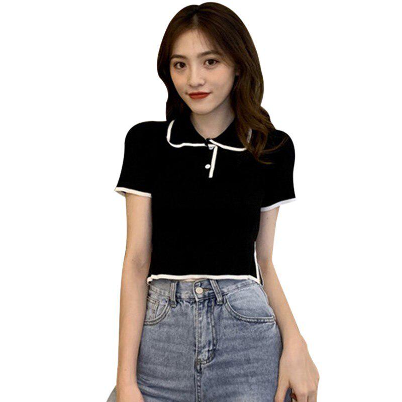 Women Knit Solid Color Top Fashion Turn-down Collar Short Sleeve Button Top T-shirts Woman Casual Slim T Shirt