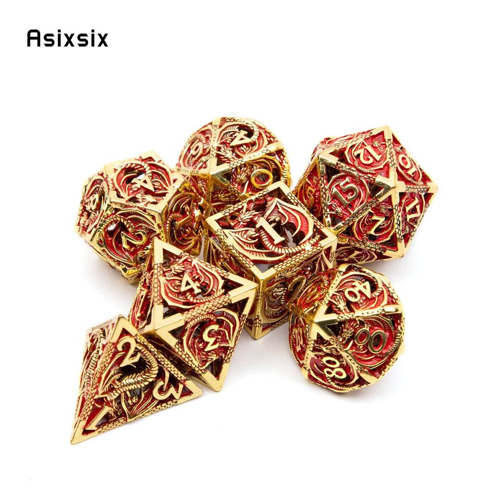 7 Pcs Golden Red Dragon Metal Dice Hollow Metal Polyhedral Dice Set Suitable for Role-Playing RPG  Board Game Card Game