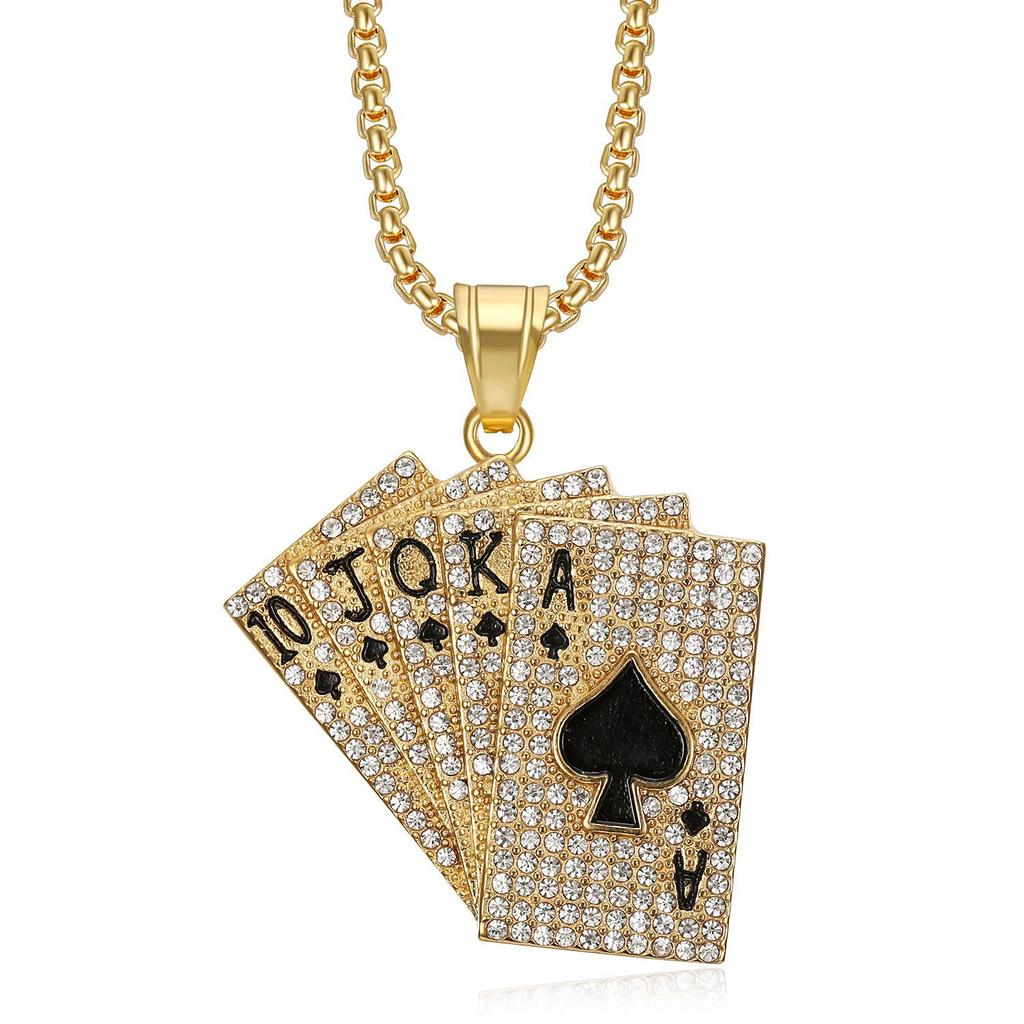 Hip Hop Iced Out Playing Card Pendant Male Gold Color Stainless Steel Rapper Straight Flush Poker Necklaces For Men Jewelry Gift