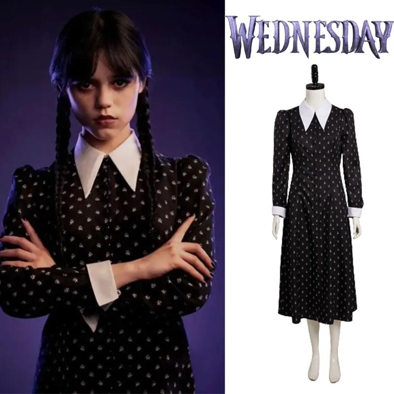 Die Addams Family Wednesday Cosplay Kostüm Schwarzes Kleid Halloween Party