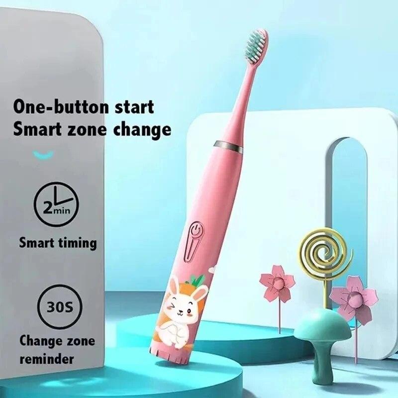 Children's Electric Toothbrush Colorful Cartoon With Replacement Heads Ultrasonic Rechargeable Soft Hair Cleaning Brush For Kids