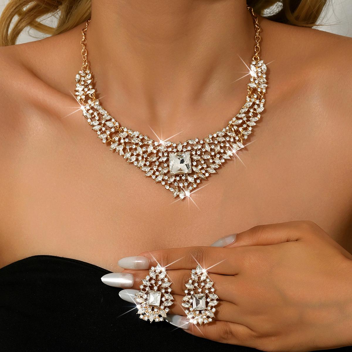 European and American retro inlaid crystal necklace earring set, women s 2-piece set, luxurious jewelry with leaves and flowers