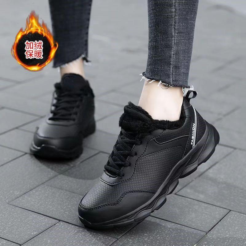 Autumn and winter velvet warm shoes leather surface waterproof and non-slip shoes black long standing feet casual shoes