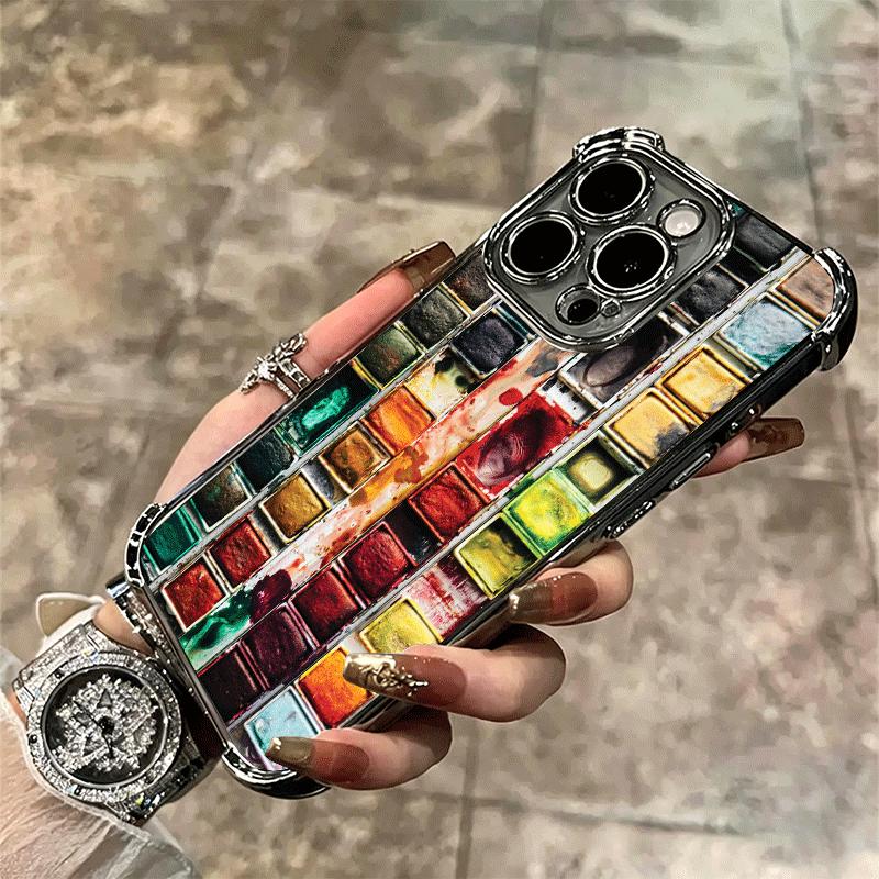 Watercolors Set Paint Palette Plating Phone Case For Iphone 16 17 Pro Max Air 16E 14 15 Plus 12 13 Mini Anti-Fall Airabag Cover