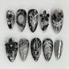 DIY Manicure Set Press On Manicure In Gothic Black Silver, Long Almond Shape, 12 Sizes, Adhesive Tabs and File for Dress-Up Looks At Home