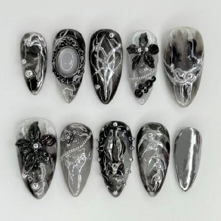 DIY Manicure Set Press On Manicure In Gothic Black Silver, Long Almond Shape, 12 Sizes, Adhesive Tabs and File for Dress-Up Looks At Home