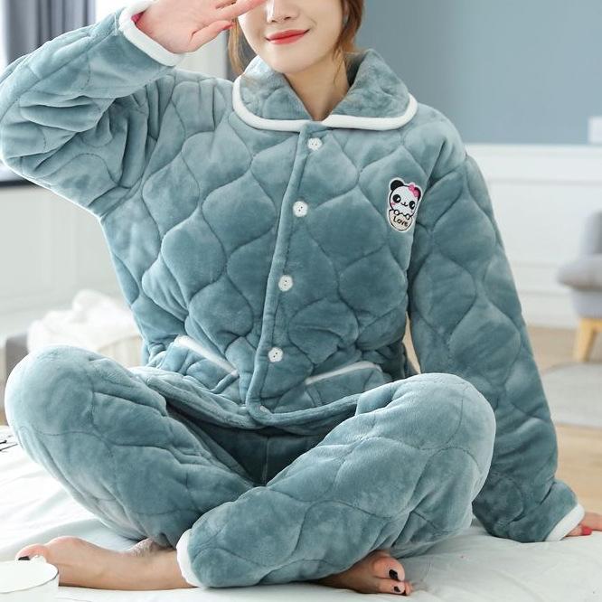 Süße warme wattierte Baumwolle kann draußen getragen werden dreilagiger Pyjama Damen Winter Loungewear verdickt saisonal große Größe