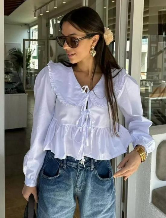 2026 Spring Fashion: Women's Long Sleeve Cotton Shirt with Doll Collar and Tie-up Design - European & American Style