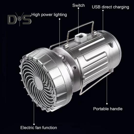 2-i-1 Viftelys Vanntett Solcelledrevet LED Campinglykt med Vifte Bærbar Oppladbar Lampe Multifunksjonell Vifte for Utendørs Camping