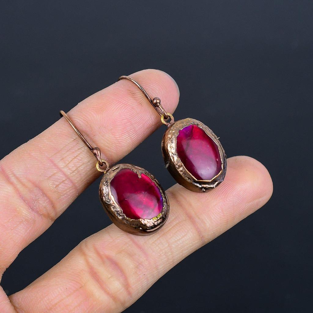 Pink Flash Labradorite Earrings Gemstone Jewelry, Copper Electroformed Earrings, Gift For Women Handmade Earrings