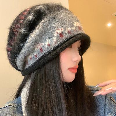 1pc Fair Island Wind Curled Edge Stacked Hat for Women's Autumn and Winter Retro Lazy Style,Warm Ear Protection Baotou Hat