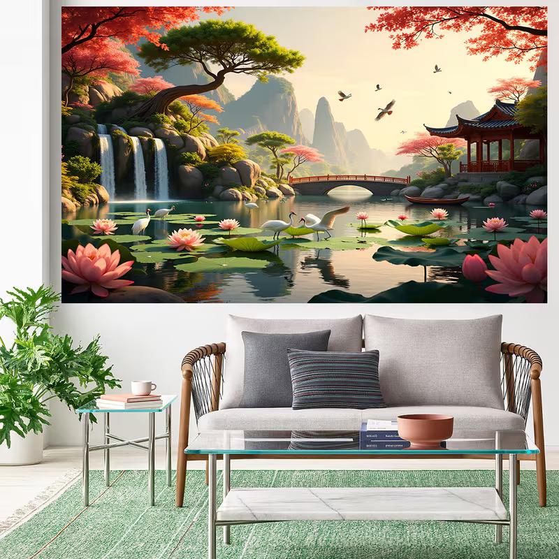 2D Chinesischer Landschafts-Hintergrundstoff mit Wasserfall, Kiefern & Kranichen für Studio & Heimdekoration