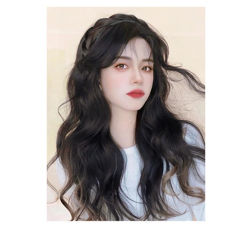 Women's Long Water Wave Curly Headband Wig with Fishtail Braid