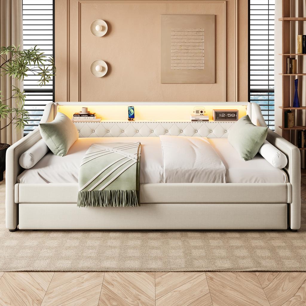 Tagesbett, 90 x 200cm, Schlafsofa, Tagesbett mit Lattenrost (ohne Matratze), Mit LED-Leuchten, Bett mit Ausziehbett, USB-Ladeanschluss, Leinen, Beige