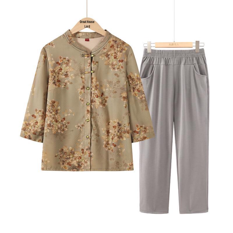 Elderly Women s Summer Breathable Thin Stand Collar Two-piece Set 3XL