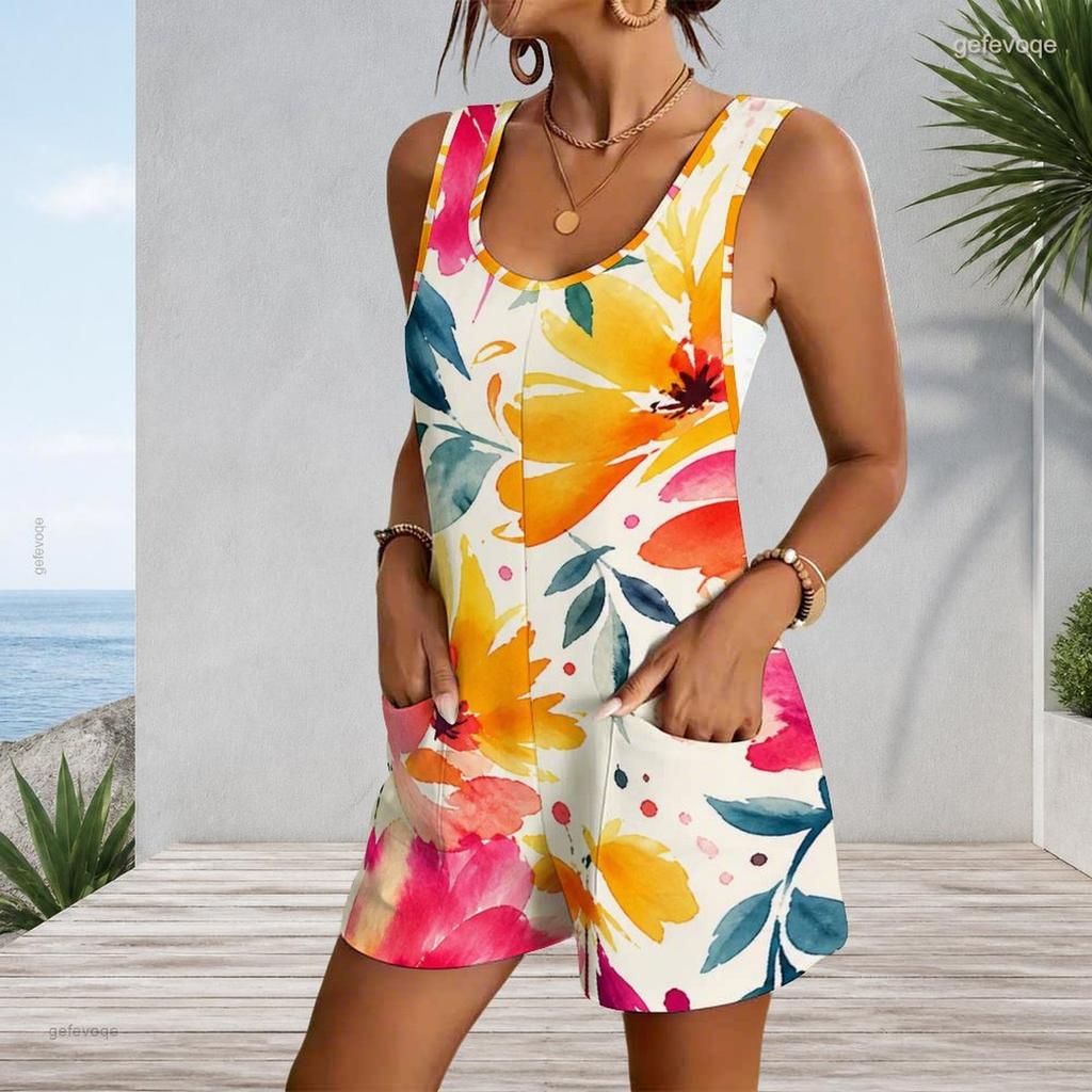 Sleeveless Tank Patch Pocket Romper Plus Size