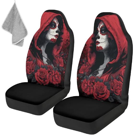 Gothic Skull Car Seat Covers Highback Bucket Seat Cover Universal Front Bucket Seat Cover,2pcs Universal Fit, Halloween Bat Auto Accessories