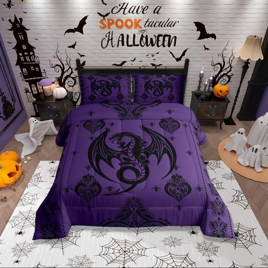 

3pcs Purple Black Dragon Comforter Set Queen Size Vintage Boho Floral Print Bedding Set Paisley Pattern Quilt Set EU Twin(135x200cm)