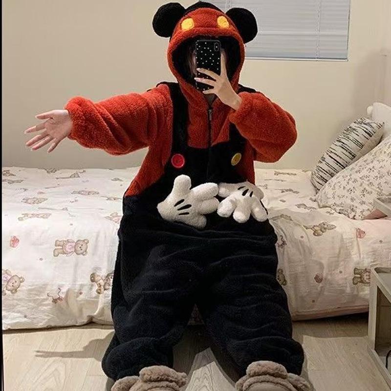 

Женская зимняя мультяшная флисовая пижама-комбинезон с капюшоном на молнии - Милый халат 2025 XXL