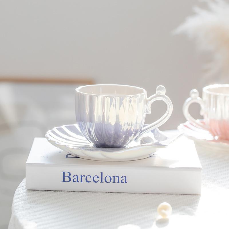 Gradient Pearl Shell Ceramic Coffee Cup European Coffee Cup Saucer High Value Ceramic Cup Saucer