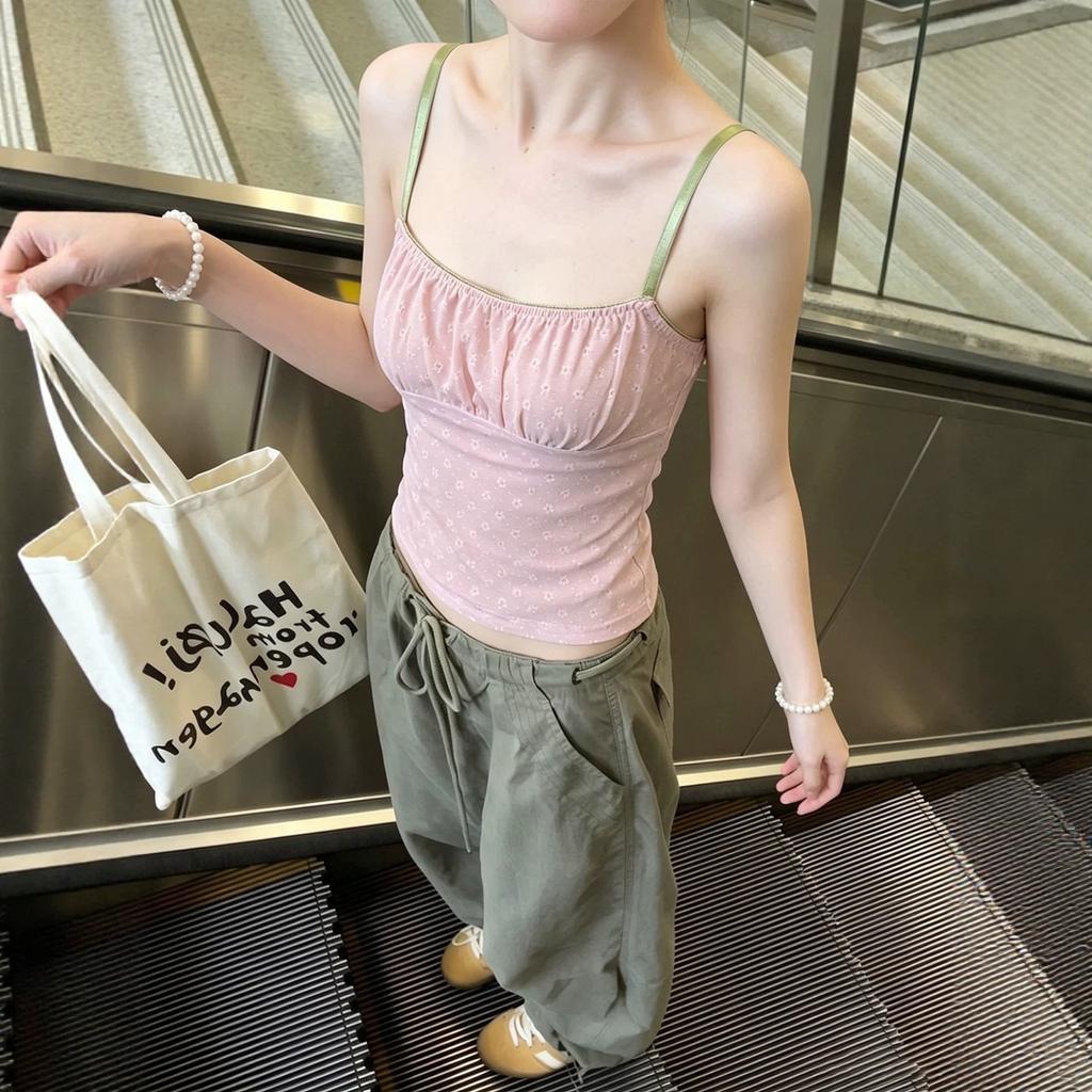 French sweet pink floral sleeveless small suspender vest women's summer unique and beautiful outer wear inner tube top