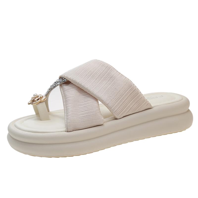Round Head Set Toe Slip-on Metal Decoration Soft Bottom Soft Surface Thick Bottom 2024 Summer New Fashion Women's Slippers