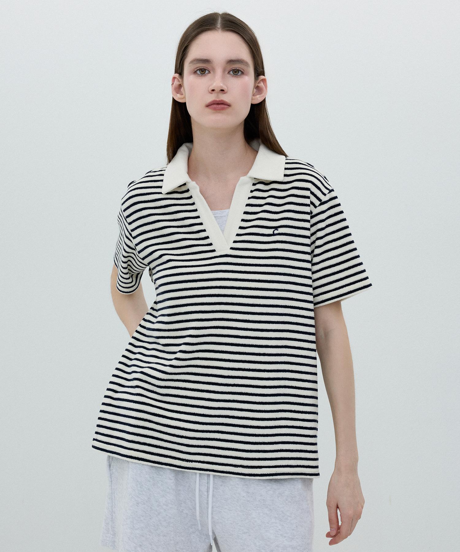 Clove [25Ss Clove] Stripe Terry Open Collar T-Shirt (Dark Navy) Dark Navy/Free