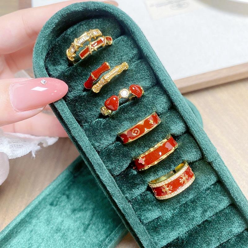 Ankola Red Drip Glaze Open Ring Women'S Light Luxury Niche High-End Index Finger Ring Retro White Stacked Wearing Ring