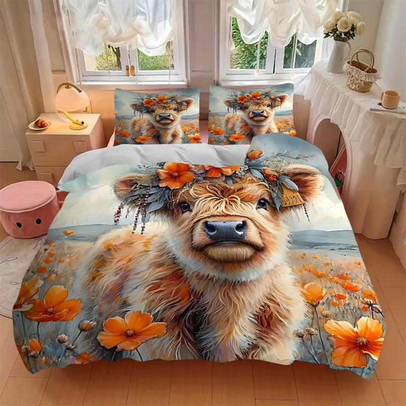 3pcs Floral Crowned Calf Bedding Set, Includes Quilt Cover and Pillowcases, Suitable for All Seasons